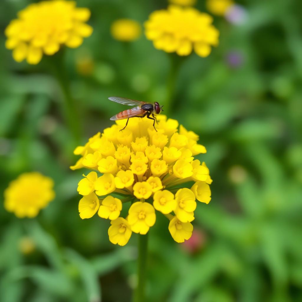 A flat topped cluster of bright yellow yarrow flowers covered in hoverflies