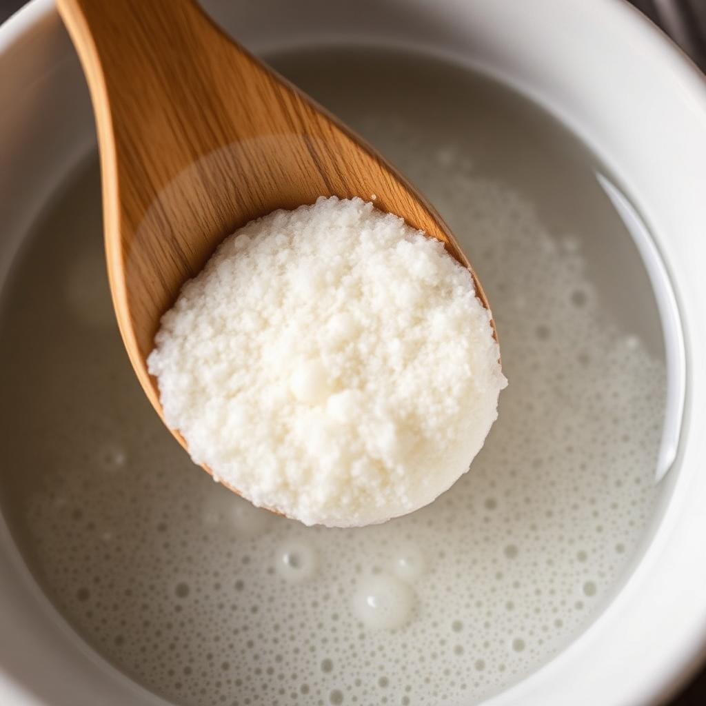 Wooden spoon stirring frothy active dry yeast into a bowl of warm water with bubbles forming on the surface