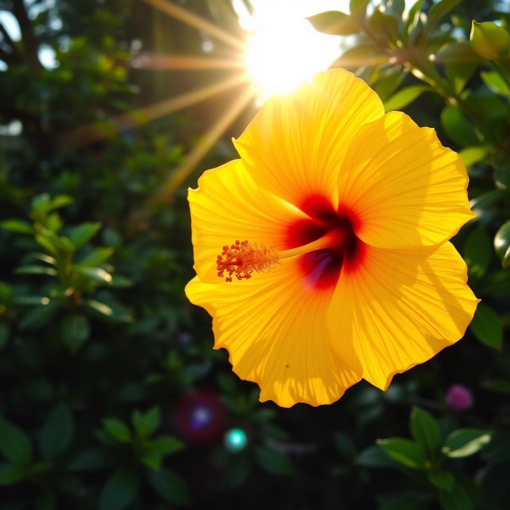 A vivid yellow hibiscus flower with a red center catching morning sun