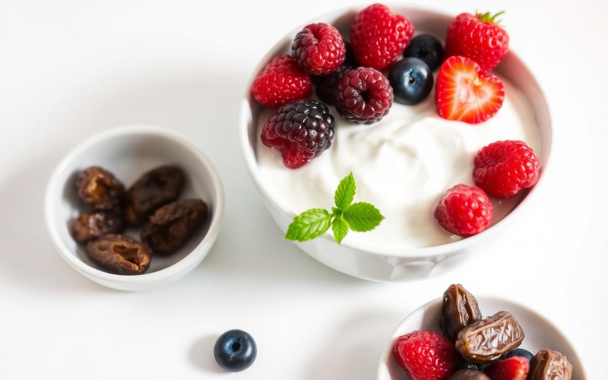 Bowl of plain natural yogurt topped with fresh berries beside a dish of dried dates showing naturally occurring sugars