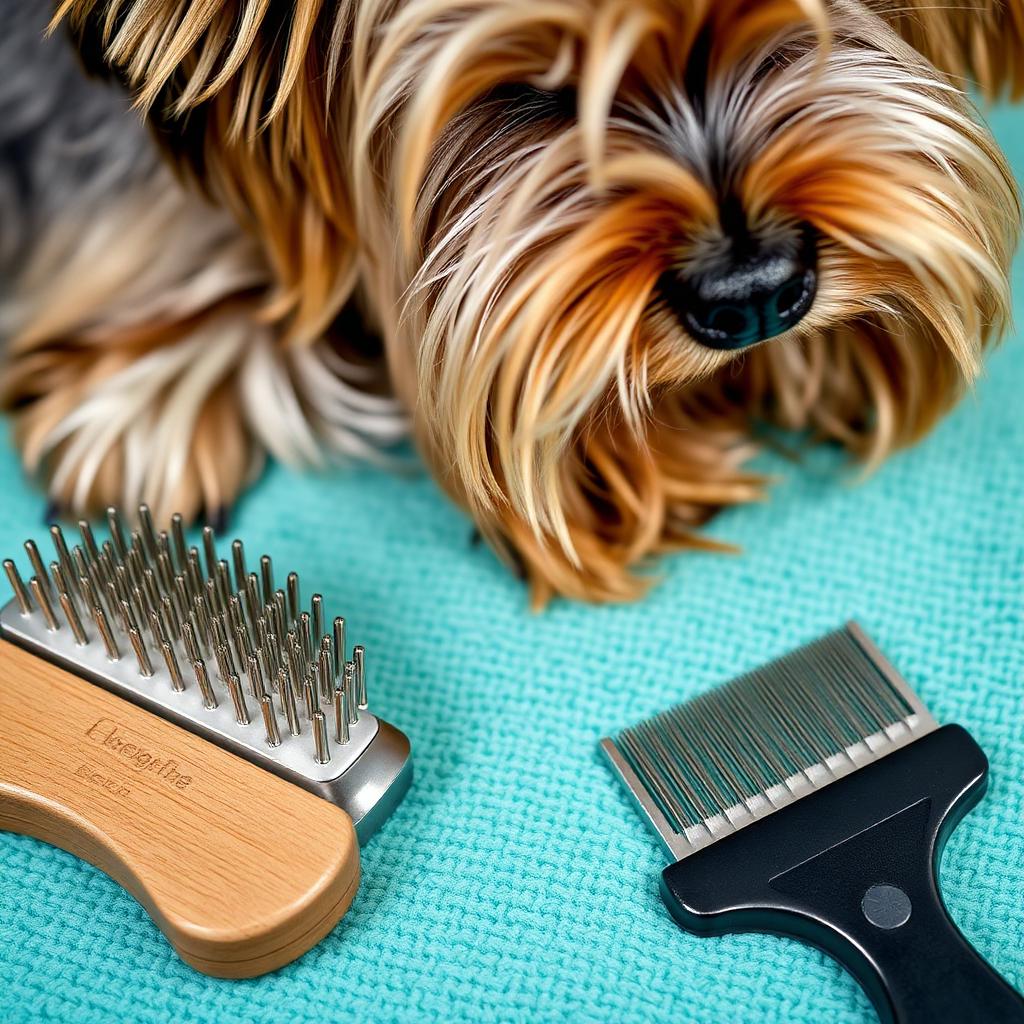 Stainless steel pin brush without ball tips and a small greyhound-style steel comb on a grooming towel next to a Yorkshire Terrier