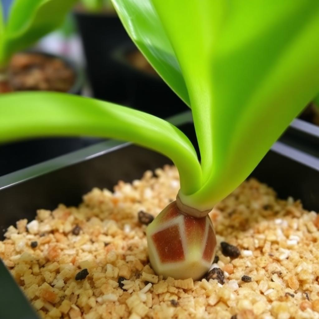 Close up of a ZZ plant leaf cutting placed in a tray of perlite and sand with a tiny rhizome bulb forming at the base indoor propagation